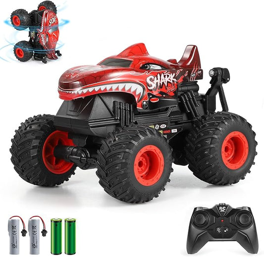 DYODYORC Remote Control Car, 2.4Ghz All Terrain Shark Monster Truck Toys, RC Truck with Music, 3 Lighting Effects, 360 Stunt Capable, All Included Ready to Run, Toy Gifts for Boys and Girls (Red)