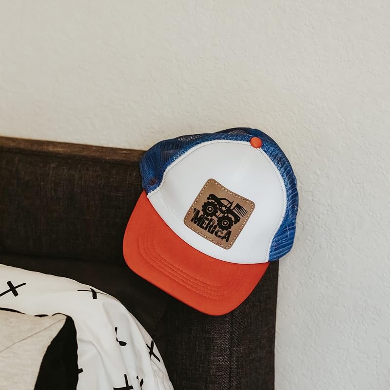 Red White and Blue 'Merica Monster Truck Baseball Cap for Kids, American Flag Hat for Boys, Patriotic Hat for Girls, Toddler Monster Truck Baseball Hat for Kids