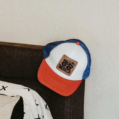Red White and Blue 'Merica Monster Truck Baseball Cap for Kids, American Flag Hat for Boys, Patriotic Hat for Girls, Toddler Monster Truck Baseball Hat for Kids