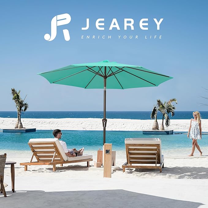 JEAREY 9FT Outdoor Patio Umbrella Outdoor Table Umbrella with Push Button Tilt and Crank, Market Umbrella 8 Sturdy Ribs UV Protection Waterproof for Garden, Deck, Backyard, Pool (Clear Blue)