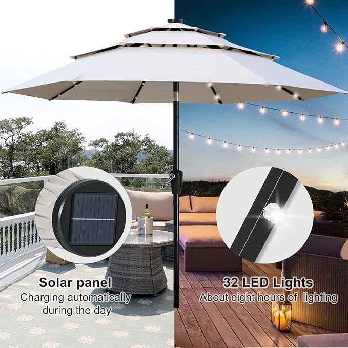 ABCCANOPY Solar Led Patio Umbrellas 3-Tiers 11FT (Light Beige)
