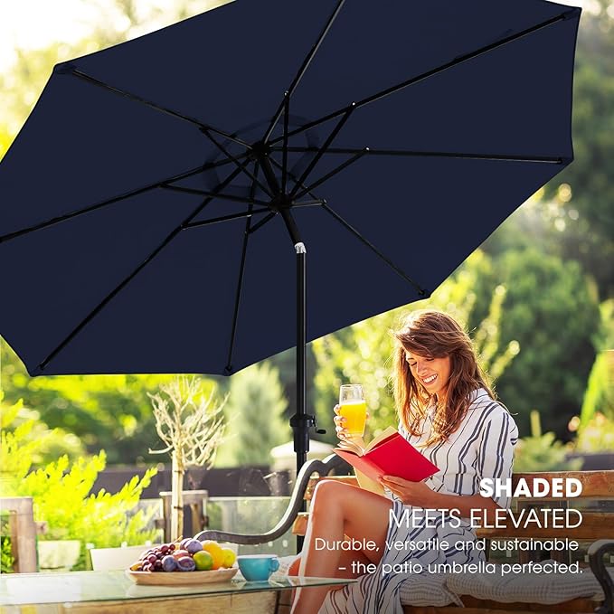 wikiwiki 11 FT Patio Umbrellas Outdoor Table Market Umbrella with Push Button Tilt/Crank,8 Sturdy Ribs, Fade Resistant Waterproof POLYESTER DTY Canopy for Garden, Lawn, Backyard & Pool, Navy Blue