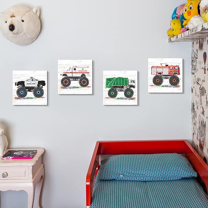 Monster Truck Wall Decor for Boys Room Cartoon Car Wall Art for Kids Room Nursery Watercolor Garbage Firetruck Ambulance Police Canvas Print Painting Vehicles Picture Artwork Home Decoration 16x16” 4P