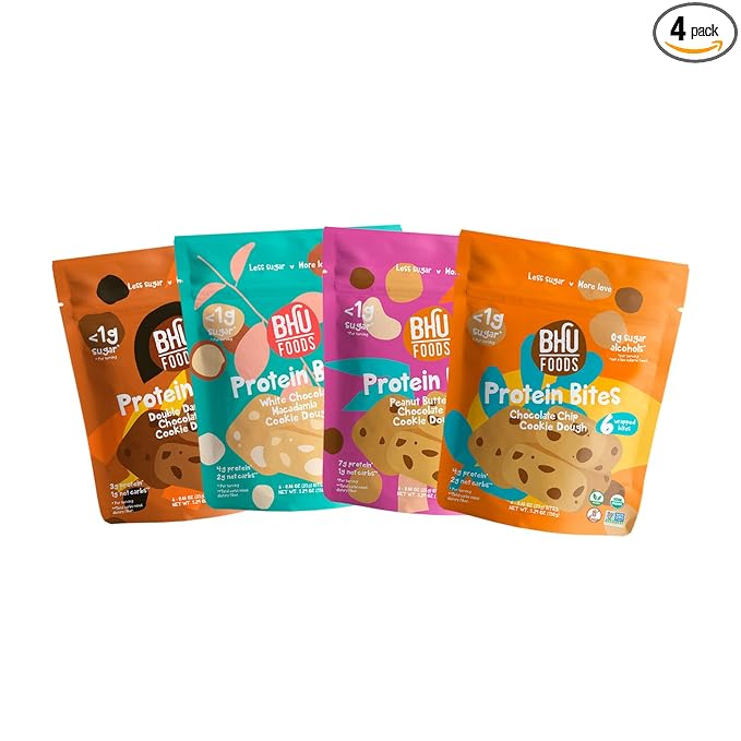 Bhu Foods Keto Bites, Cookie Dough Lovers Variety Pack, Chocolate Chip, Dark Chocolate, Macadamia & Peanut Butter, Organic Snacks for Adults, Individually Wrapped (4 Pack)