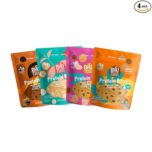 Bhu Foods Keto Bites, Cookie Dough Lovers Variety Pack, Chocolate Chip, Dark Chocolate, Macadamia & Peanut Butter, Organic Snacks for Adults, Individually Wrapped (4 Pack)
