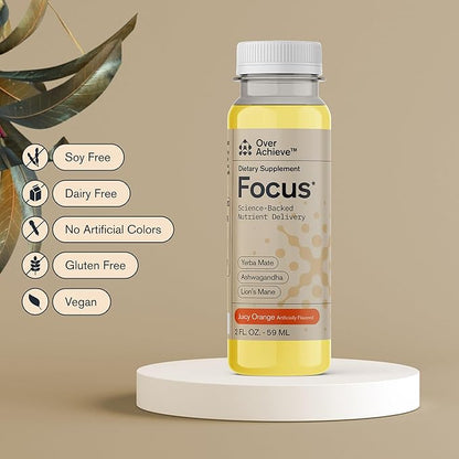 Focus Drink for Concertation - Contains Yerba Mate, Ashwagandha and Lions Mane Mushroom with Advanced Nanoscience Technology - 12 Pack Brain Focus Drink, Orange Flavor, 2oz