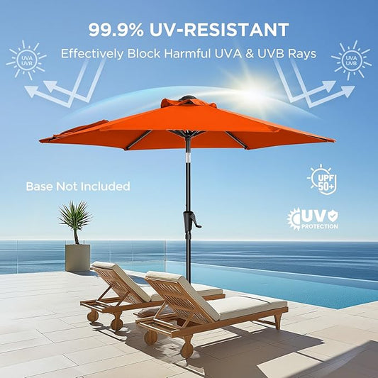 7.5ft Outdoor Patio Umbrella - Market Table Pool Deck Umbrella UPF50+ UV Protection with Push Button Tilt, Crank and 6 Sturdy Ribs (Neon Orange, No base)