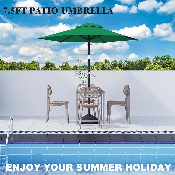 7.5FT Patio Umbrella Table Market Umbrella w/Tilt and Crank Heavy-Duty Round Outdoor Umbrellas for Garden, Deck, Backyard, Pool and Beach, Dark Green