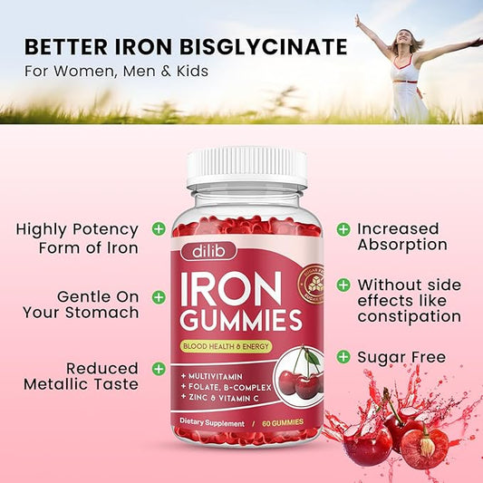 Iron Gummies with Multivitamin, Iron Supplement for Women & Men with Zinc, Vitamin B Complex & C, B12, Folate - Blood Builder & Energy Support for Adults & Kids - Cherry Flavor, Vegan 60 Gummies