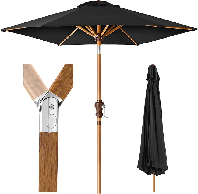 Best Choice Products 10ft Market Umbrella, Outdoor Sun Shade for Backyard, Deck, Poolside, Table w/Woodgrain Pattern, Easy Tilt & Crank - Black