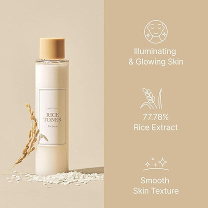 I'm from Rice Mask 3.88 Oz + Toner 1.01 Fl Oz, Korean Exfoliate and Glow Set, Smooth and Glowing Skin, Wash Off Mask for Dry Sensitive Skin