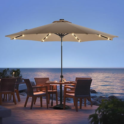 wikiwiki 11ft Solar Led Patio Umbrella, Sturdy Outdoor Market Umbrella for Deck, Pool, Garden w/Tilt, Crank, 32 LED Lights, Tan