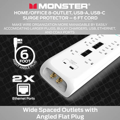 Monster White Heavy Duty Surge Protector Power Strip 6 ft Cord with 8 120V-Outlet Extension, 2 Ethernet Switch Ports, 4050J Rating, 1 USB-A, and 1 USB-C Charging Ports – Ideal for Computers & Offices