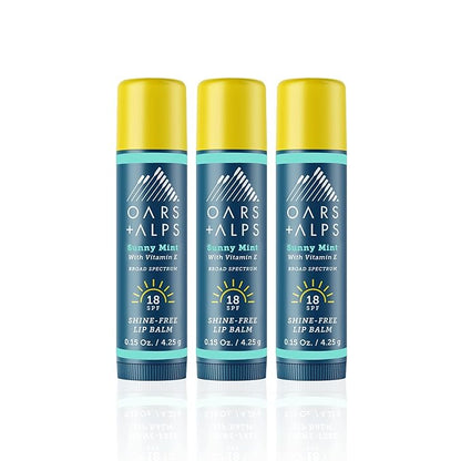 Oars + Alps Lip Suncreen, SPF 18 Lip Balm, Shine Free Sunscreen for Lips, Infused with Vitamin E, Peppermint & Spearmint, Water & Sweat Resistant, Moisturizing, Hydrating, Sunny Mint Scent, 3pk