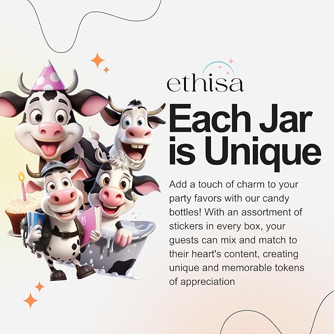 Small 12 Pack Cow Party Favors - DIY Candy Jars with Ribbons and Stickers - Party Decoration Bottles for Birthday, Baby Shower and School Classroom - Holy Cow Print Table Centerpiece for Kids