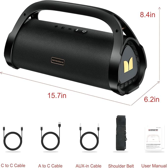 Monster Adventurer Max Portable Bluetooth Speaker, IPX7 Waterproof Wireless Speaker with Double Subwoofer Rich Bass, 100W Stereo Loud Sound with 24H Playtime for Outdoor Pool Beach, Gold