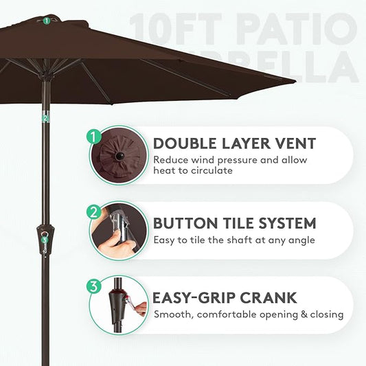 JEAREY 10FT Outdoor Patio Umbrella Outdoor Table Umbrella with Push Button Tilt and Crank, Market Umbrella 8 Sturdy Ribs UV Protection Waterproof for Pool, Garden (Brown)