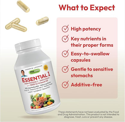 ANDREW LESSMAN Essential-1 Multivitamin 1000 IU Vitamin D3 60 Small Capsules – 100 mcg Methyl B12. CoQ10 Lutein Lycopene Zeaxanthin. High Potency. No Additives. Gentle Ultra-Mild. One Daily Capsule
