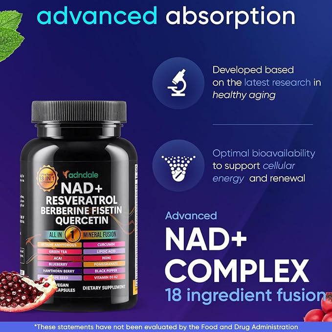 NAD Supplement. Longevity Formula with Liposomal NAD+, Trans Resveratrol, Quercetin, Berberine, Betaine Anhydrous, Grape Seed, Fisetin. NAD Resveratrol Supplement with Berberine 90 Capsules.