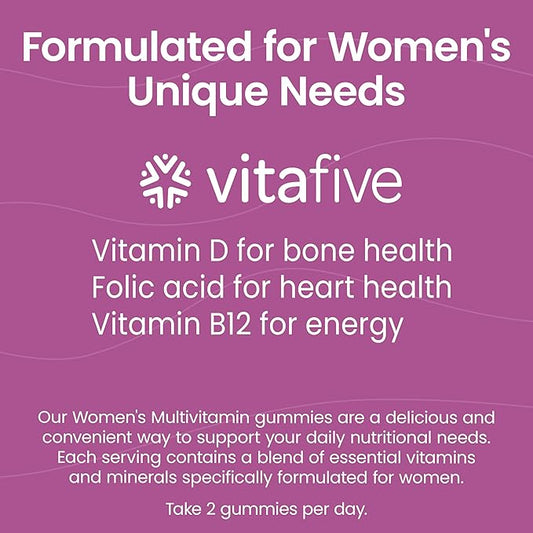 vitafive Women's Multivitamin Gummies, Best Multivitamin for Women with Biotin, D3, B12, Zinc, Low Sugar, Gluten Free (50 Ct)