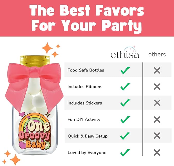 Small 12 Pack One Groovy Baby Party Favors - DIY Candy Jars with Ribbons and Stickers - Funky Party Decoration Bottles for 1st Birthday Bash for Boy or Girl - Retro Hippie Table Centerpieces