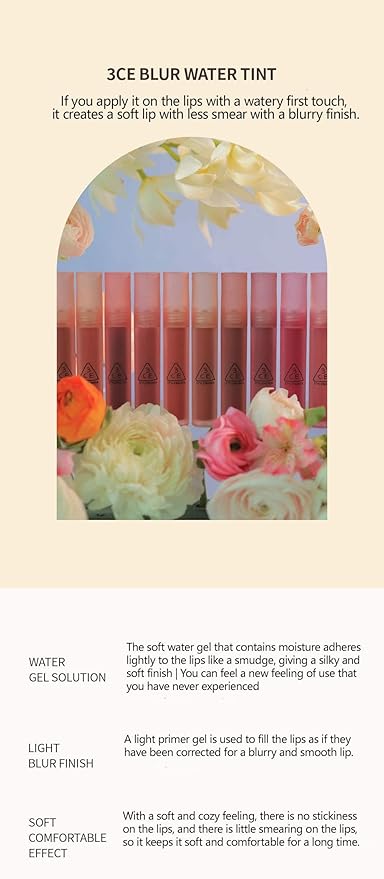 3CE BLUR WATER TINT(4.6g) soft lip with less smear with a blurry finish (#CORAL MOON) with sun cream(1ml*3ea)