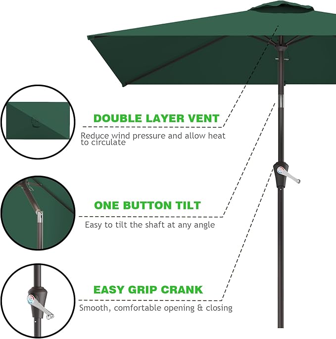 6.5' x 10' Rectangular Patio Umbrellas for Outdoor, Outdoor Table Umbrella, Large Outdoor Patio Umbrellas with 6 Sturdy Ribs for Market, Garden, Pool (Dark Green)