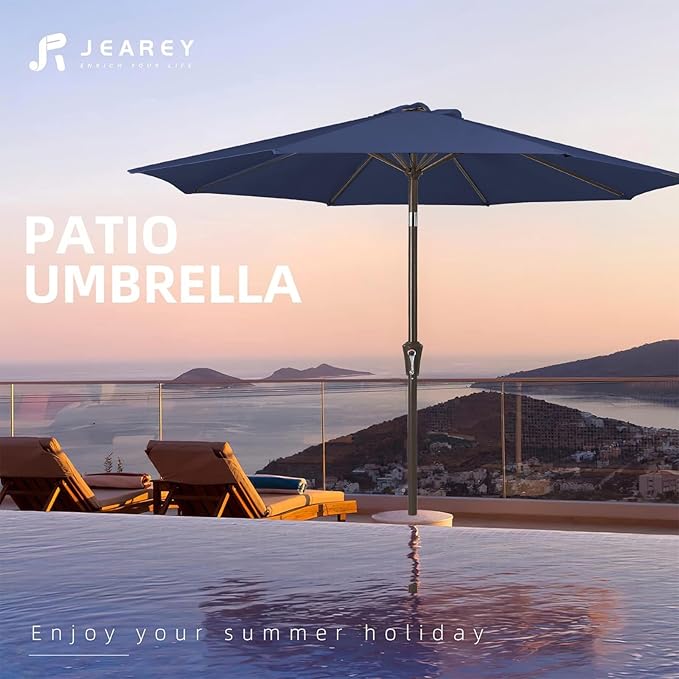 JEAREY 9FT Outdoor Patio Umbrella Outdoor Table Umbrella with Push Button Tilt and Crank, Market Umbrella 8 Sturdy Ribs UV Protection Waterproof for Garden, Deck, Backyard, Pool (Deep Blue)