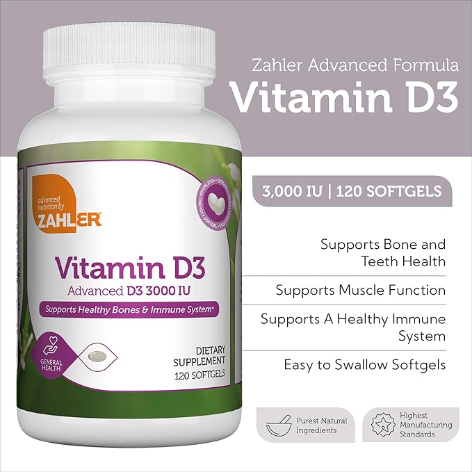 Zahler - Advanced Vitamin D3 3000 IU Softgels (120 Count) Kosher Vegetarian Friendly Vitamin D for Immune Support, Bone, Teeth & Muscle Health - Daily D3 Vitamin Supplement for Adults - Easy Swallow.