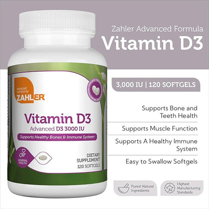 Zahler - Advanced Vitamin D3 3000 IU Softgels (120 Count) Kosher Vegetarian Friendly Vitamin D for Immune Support, Bone, Teeth & Muscle Health - Daily D3 Vitamin Supplement for Adults - Easy Swallow.
