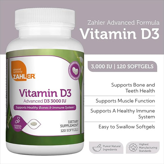 Zahler - Advanced Vitamin D3 3000 IU Softgels (120 Count) Kosher Vegetarian Friendly Vitamin D for Immune Support, Bone, Teeth & Muscle Health - Daily D3 Vitamin Supplement for Adults - Easy Swallow.
