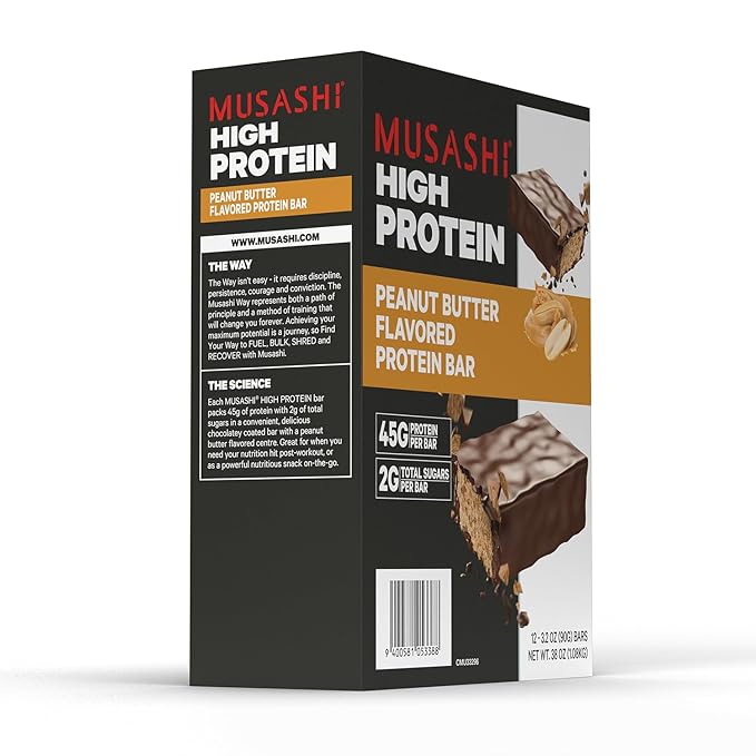 MUSASHI High Protein Bar, 45g Protein, 2g Total Sugars, Peanut Butter & Milk Chocolate Coated, Post Workout and Protein Snack On The Go, 12 Pack of 3.2oz (90g) Bars