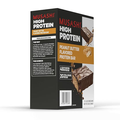 MUSASHI High Protein Bar, 45g Protein, 2g Total Sugars, Peanut Butter & Milk Chocolate Coated, Post Workout and Protein Snack On The Go, 12 Pack of 3.2oz (90g) Bars