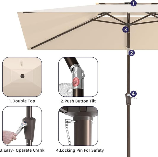6.6x10ft Rectangular Patio Umbrella, 2 Tiers Outdoor Table Umbrellas with Push Button Tilt and Crank for Patio, Pool, Backyard, Deck, Picnic, Yard (Beige)