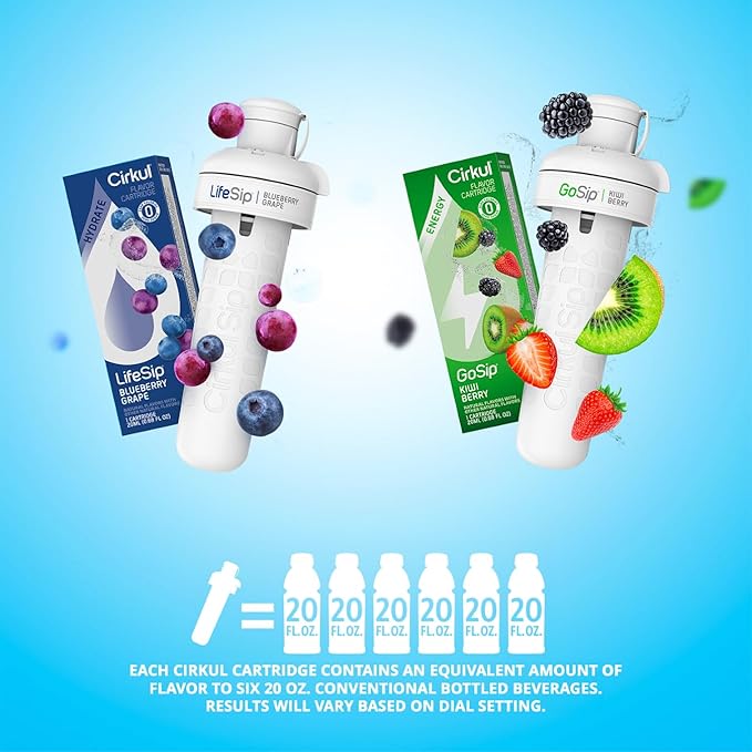 Cirkul 32oz. Matte Black Stainless Steel Water Bottle Starter Kit with Black Lid and 2 Flavor Cartridges (1 LifeSip Blueberry Grape, 1 GoSip Kiwi Berry) Zero Calories and No Sugar