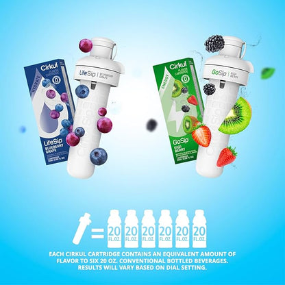 Cirkul 32oz. Matte Black Stainless Steel Water Bottle Starter Kit with Black Lid and 2 Flavor Cartridges (1 LifeSip Blueberry Grape, 1 GoSip Kiwi Berry) Zero Calories and No Sugar
