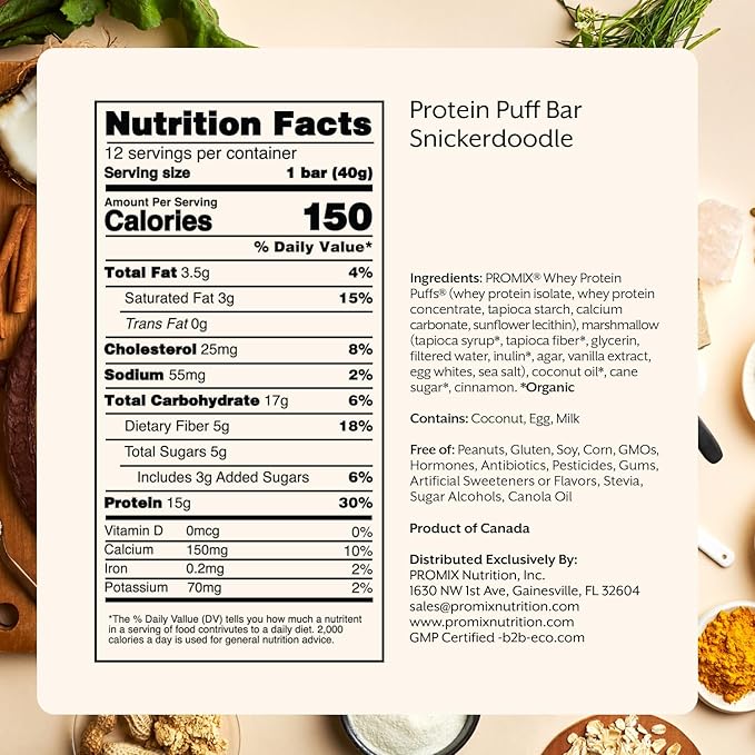 ProMix Nutrition Protein Puff Bars - Snickerdoodle - Marshmallow Crispy Treat - Great Tasting & Healthy On The Go Snack - High Protein & Low Calorie - Free From Gluten, Soy, & Corn - 12 Bars