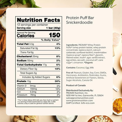 ProMix Nutrition Protein Puff Bars - Snickerdoodle - Marshmallow Crispy Treat - Great Tasting & Healthy On The Go Snack - High Protein & Low Calorie - Free From Gluten, Soy, & Corn - 12 Bars