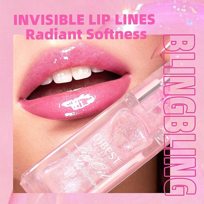 Magic Color Changing Lip Glow, Nourishing Lip Glow Oil Non-Sticky Primer With Large Applicator Brush (Pink)
