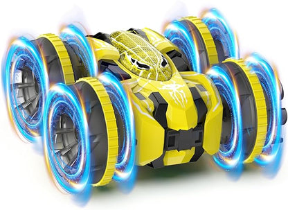 Waterproof Remote Control Car，4WD Amphibious 2.4 GHz RC Car Remote Control Boat，360°Rotation RC Stunt with LED Lights，Boys Girls Gifts All Terrain Water Beach Pool Toy Yellow
