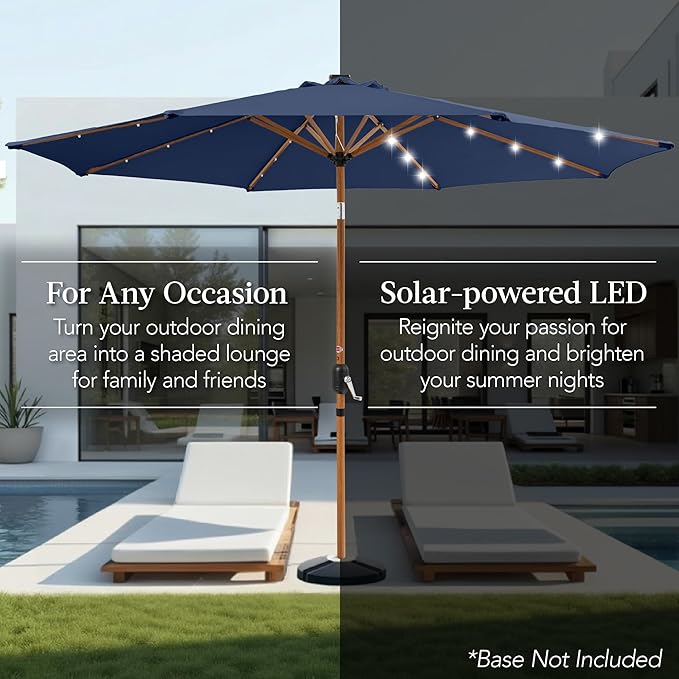 Best Choice Products 10ft Solar Market Patio Umbrella w/Woodgrain Pattern Pole, LED Lights, Tilt & Crank – Outdoor Sun Shade for Backyard Table, Deck, Poolside – Navy Blue