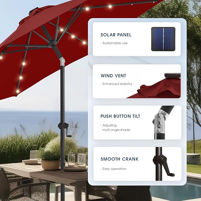 wikiwiki 10ft Solar Led Patio Umbrella, Sturdy Outdoor Market Umbrella for Deck, Pool, Garden w/Tilt, Crank, 32 LED Lights, Burgundy Red