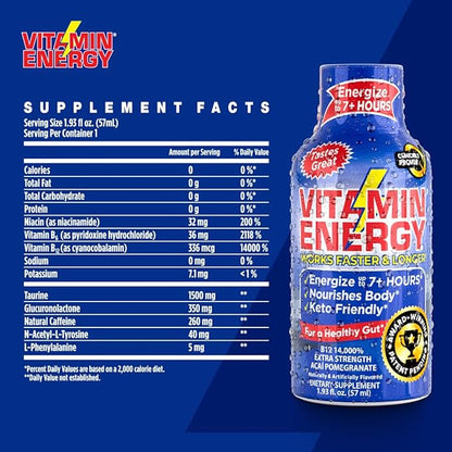 Vitamin Energy B12 Energy Shots | Natural Healthy Energy & Focus Drink | Sugar-Free Carb-Free Supplement | Vitamins B6, B12 | Energize up to 7+ Hours | Acai Pomegranate - 1.93 fl oz - Pack Of 48