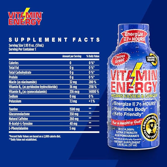 Vitamin Energy B12 Energy Shots | Natural Healthy Energy & Focus Drink | Sugar-Free Carb-Free Supplement | Vitamins B6, B12 | Energize up to 7+ Hours | Acai Pomegranate - 1.93 fl oz - Pack Of 48