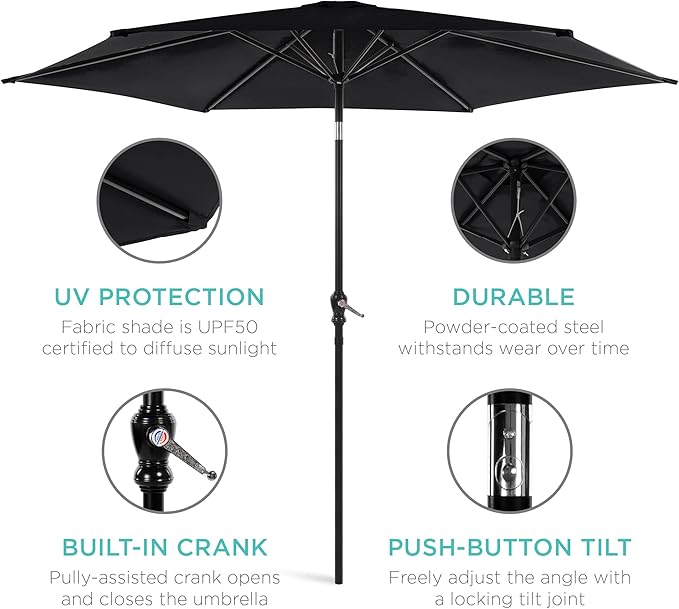 Best Choice Products 10ft Outdoor Steel Polyester Market Patio Umbrella w/Crank, Easy Push Button, Tilt, Table Compatible - Black