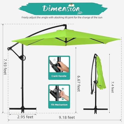 Shintenchi Patio Offset Umbrella with Easy Tilt Adjustment,Crank and Cross Base, Outdoor Cantilever Hanging Sunshade Canopy, Green