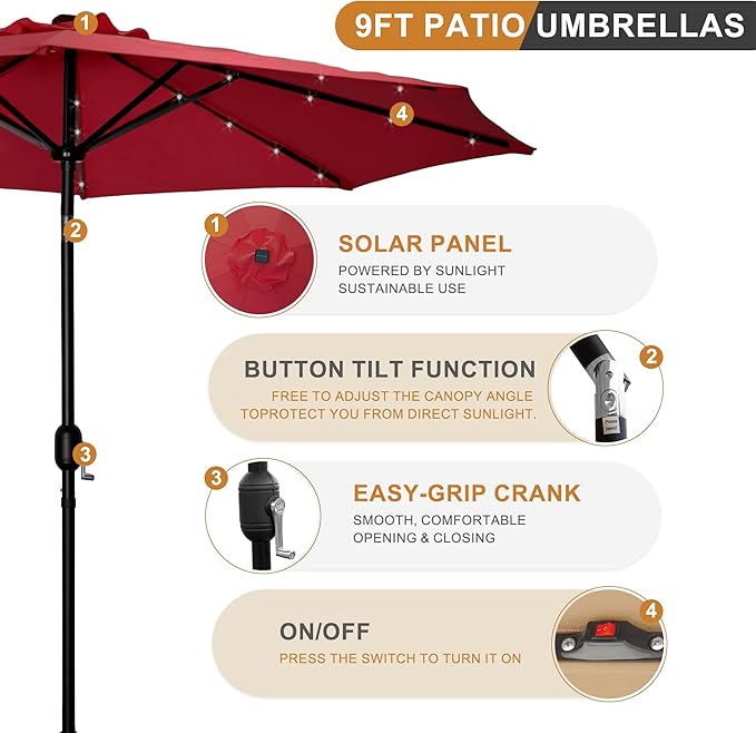 9FT LED Patio Umbrella, Solar Outdoor Umbrellas with LED Lights, Deck Umbrella with Push Button Tilt and Crank, UV Protection Waterproof for Pool, Porch, Garden, Deck, Backyard. (Red)