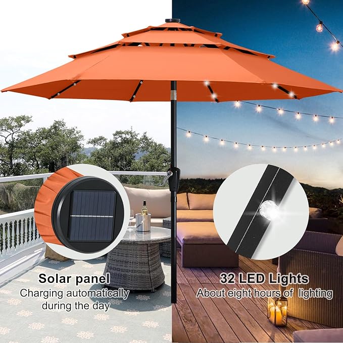 ABCCANOPY 3 Tiers 11FT Solar Led Lighted Patio Umbrellas (Orange)