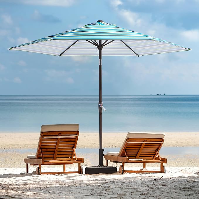 JEAREY 7.5FT Patio Umbrella Market Table Umbrella with 6 Sturdy Ribs, Push Button Tilt/Crank Outdoor Umbrella for Garden, Deck, Backyard, Pool and Porch,Elegant Blue-White