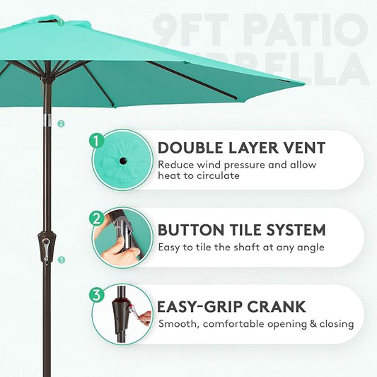 JEAREY 9FT Outdoor Patio Umbrella Outdoor Table Umbrella with Push Button Tilt and Crank, Market Umbrella 8 Sturdy Ribs UV Protection Waterproof for Garden, Deck, Backyard, Pool (Clear Blue)